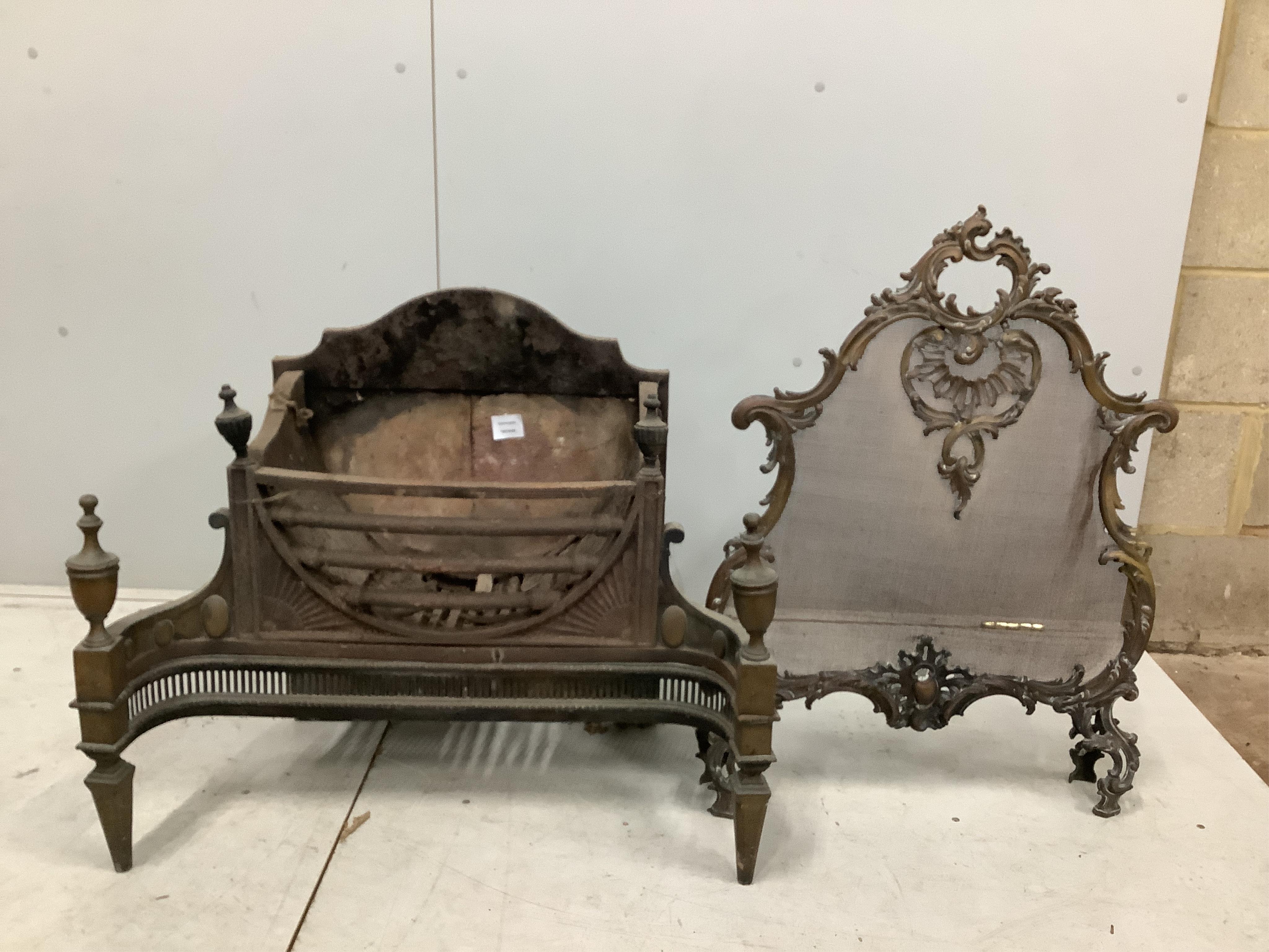 An Adam design brass mounted cast iron fire grate, width 74cm, depth 44cm, height 65cm, together with a brass rococo style mesh firescreen. Condition - poor to fair